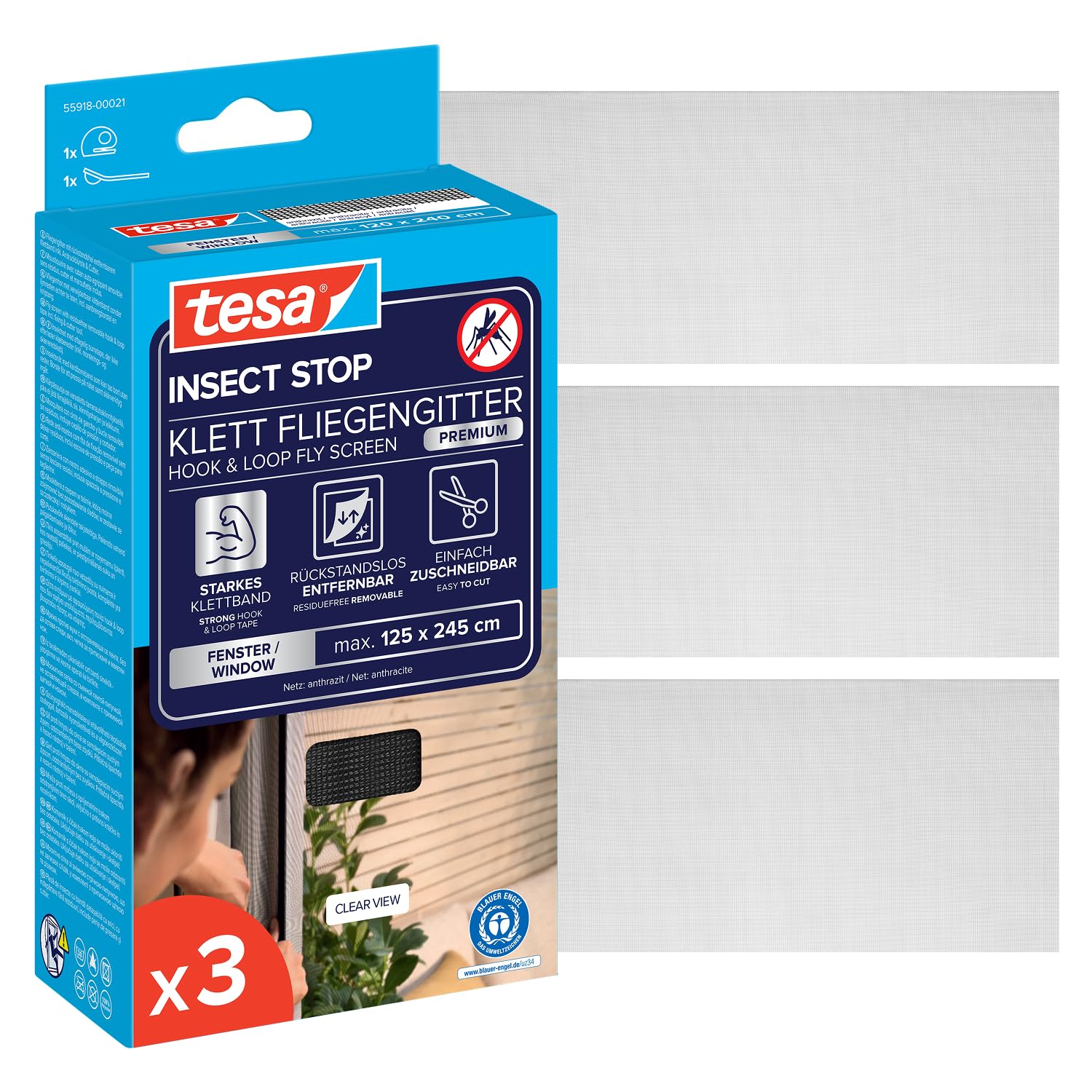 tesa INSECT STOP H&L Fly Screen Premium for Windows, insect screen with hook & loop tape, removed without leaving residue, cut to size, without drilling - 3x 125 cm x 245 cm - Anthracite (Transparent)