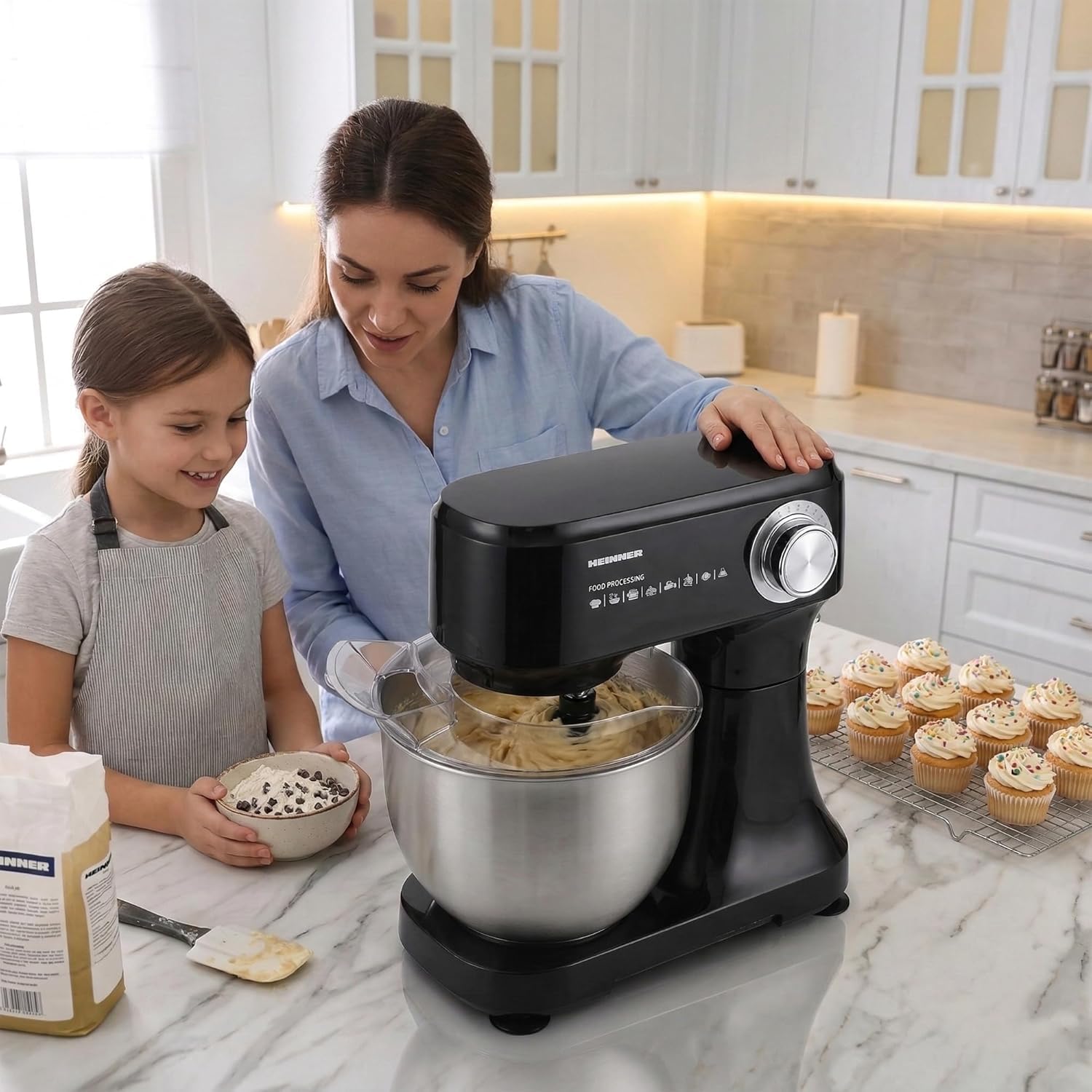 Robot de cocina de 4,5 L, 300 W, 12 velocidades + función de pulso, cuenco de acero inoxidable, gancho para amasar y batidor