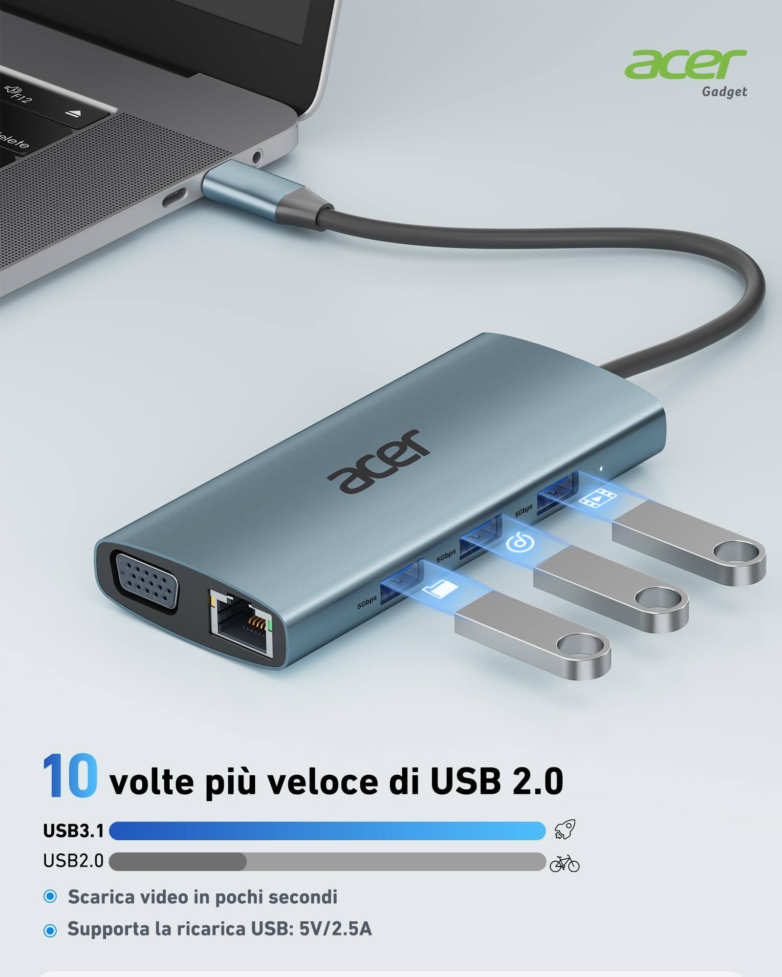 Acer HUB USB C, Adattatore USB C con HDMI 4K a VGA, Ethernet Gigabit, 100W PD, Lettore di Schede SD/TF, 3 USB, Docking Station USB C per MacBook, Laptop, PC