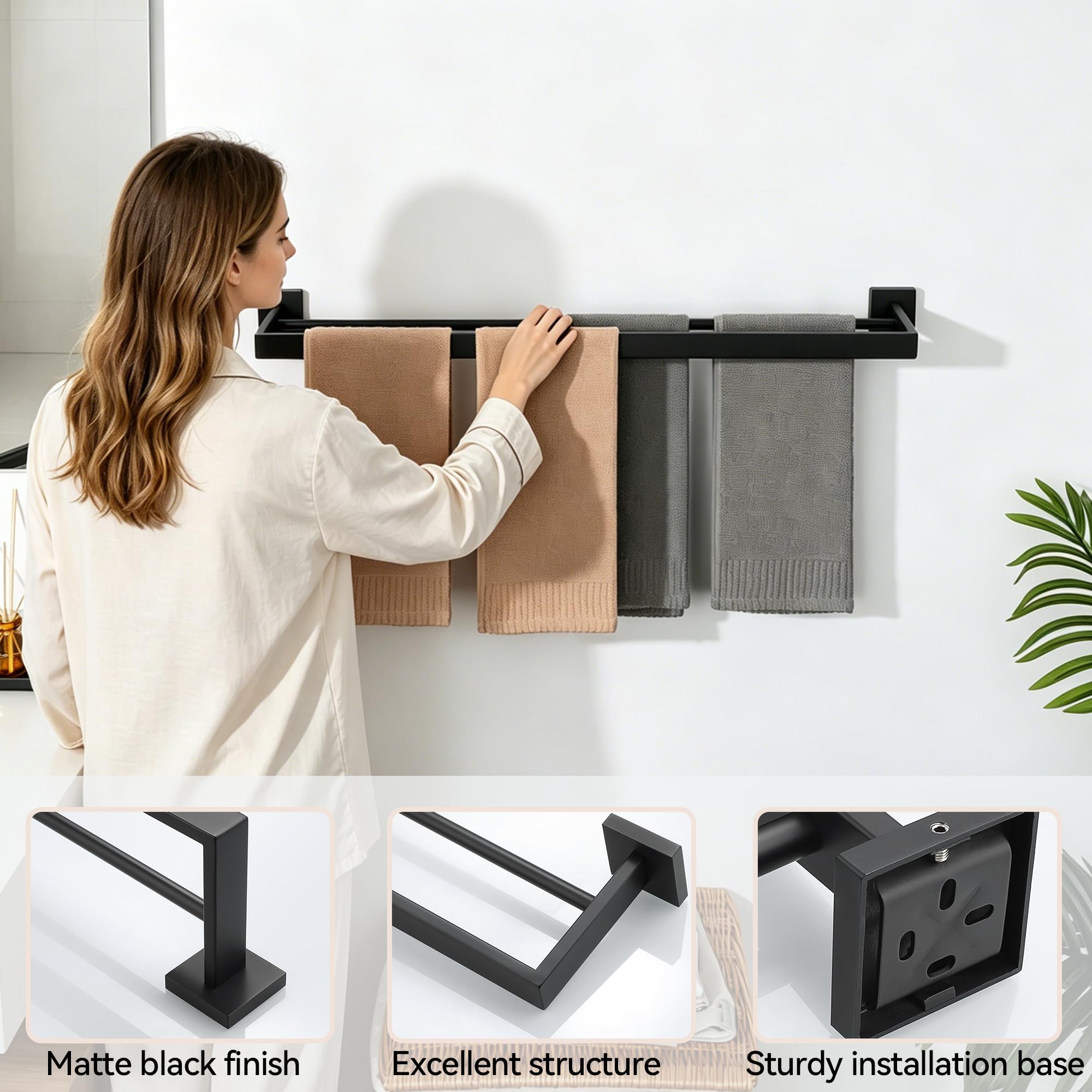 Mooche Porte Serviette Mural, 80 CM, en Acier Inoxydable 304, Noir