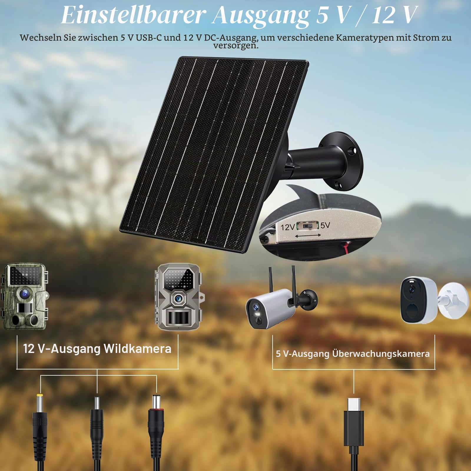 10W Solarpanel mit 10400mAh Akku, 5V/12V einstellbarer Ausgang, IP66 wasserdicht für Überwachungskameras