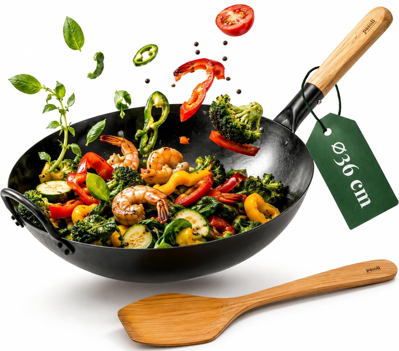 pasoli Wok 36 cm - Carbonstahl - Wokwender 37 cm - Bundle
