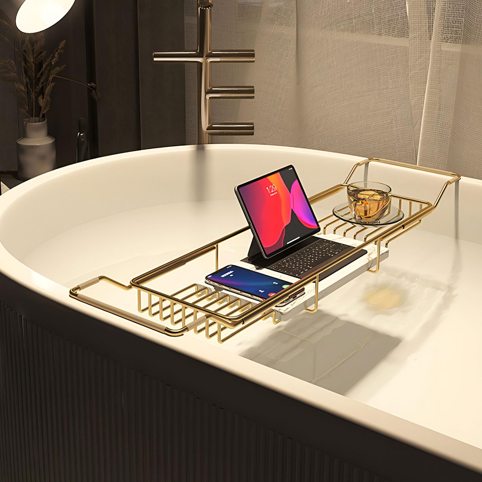 Bandeja de bañera ajustable, estante de alambre antideslizante expandible para tazas, tabletas, teléfono celular, organizador de estante de baño