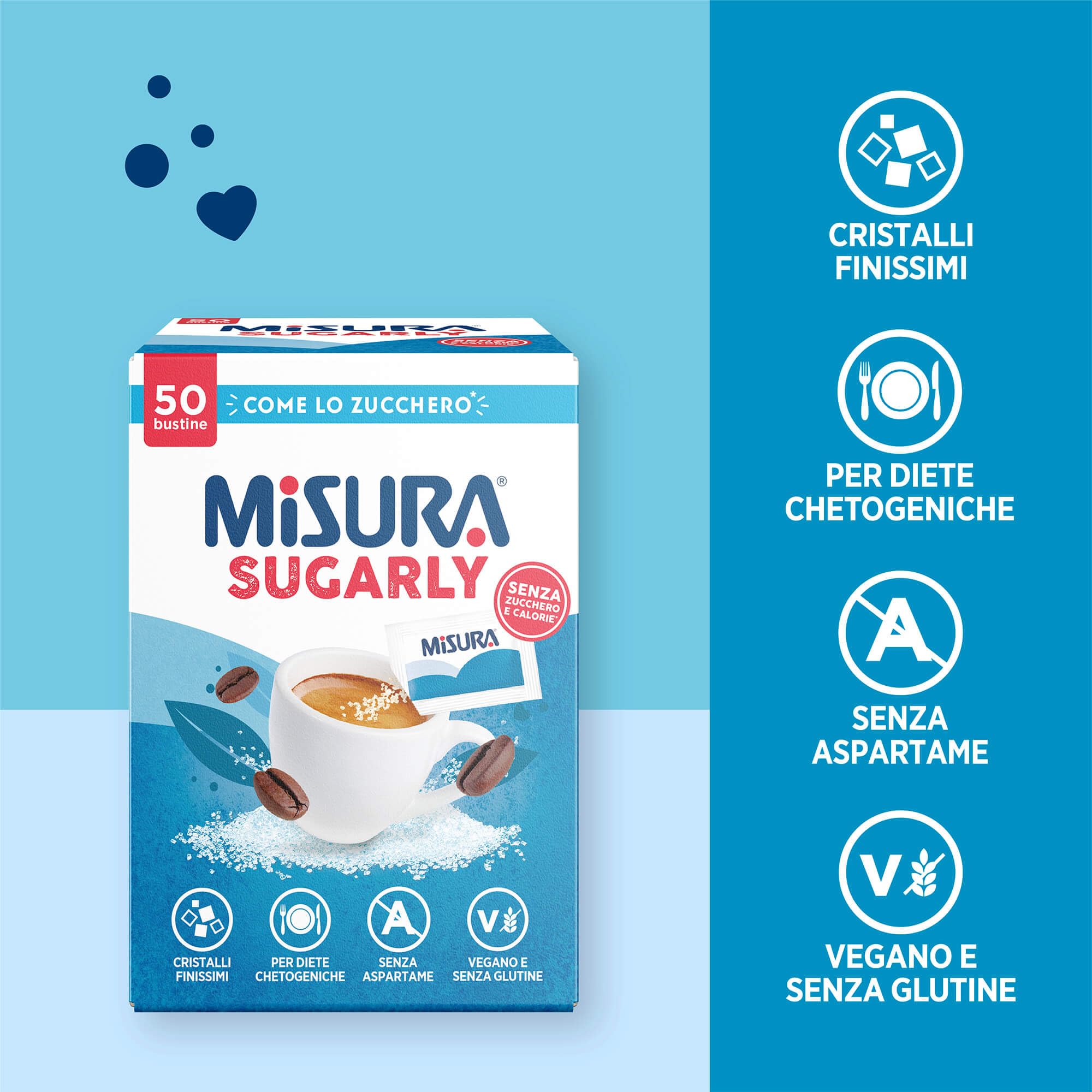 Misura Sugarly 50 Bustine, Dolcificante Senza Retrogusto, Zero Calorie, Cristalli Finissimi, Senza Aspartame, Senza Glutine, Vegano, Sostitutivo dello Zucchero, Multipack da 12x50 bustine
