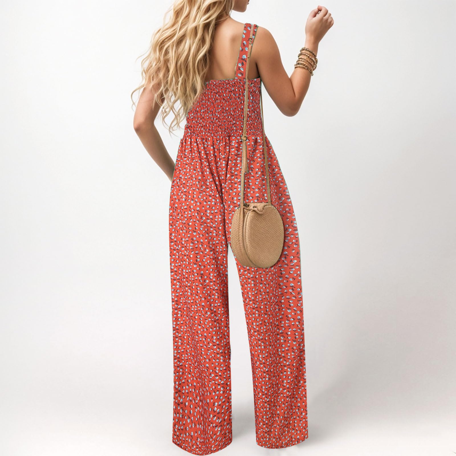 Mono Mujer Verano Elegante Monos de Vestir Estampado Floral Peto de Pierna Ancha Mono Mujer Casual Sin Mangas Pantalón Rompers Verano Tirantes Anchos Peto con Bolsillos Holgado Clásico Palazzo