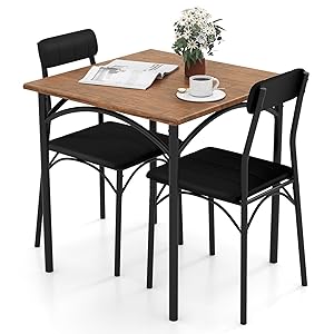 GIANTEX Juego de Comedor 3 Piezas, Mesa de Comedor Cuadrada y 2 Sillas Acolchadas, Marco Metálico, para 2 Personas, Conjunto de Mesa y Sillas Compacto para Cocina, Bar, Cafetería