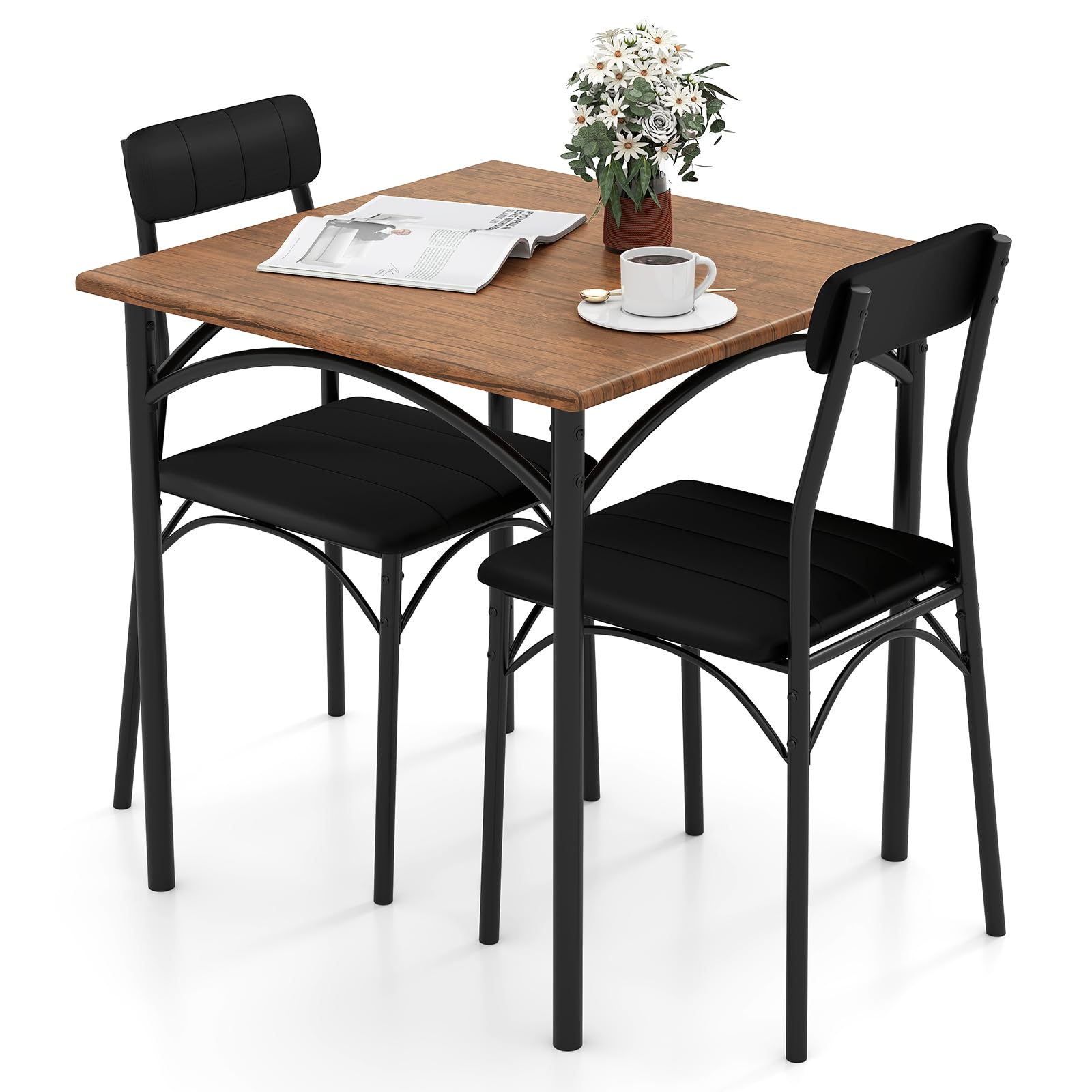 GIANTEX Juego de Comedor 3 Piezas, Mesa de Comedor Cuadrada y 2 Sillas Acolchadas, Marco Metálico, para 2 Personas, Conjunto de Mesa y Sillas Compacto para Cocina, Bar, Cafetería