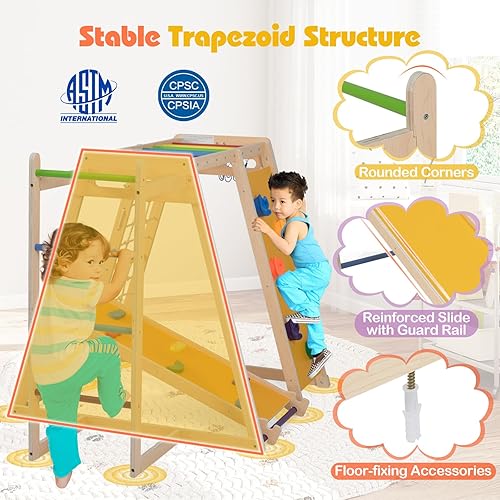 Miniatura 7 de Costzon Zona de juegos interiores, gimnasio Montessori 6 en 1 para niños con tobogán de bebé, pared de escalada en roca, aro de baloncesto, barra de