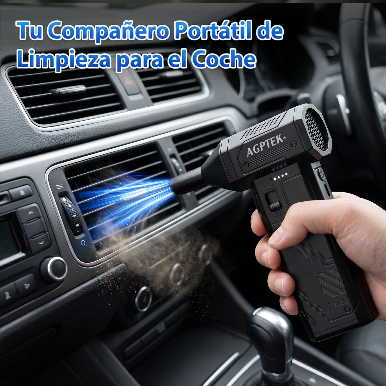 AGPTEK Soplador de Aire Inalámbrico 260000 RPM, Motor sin Escobillas | 3 Velocidades Ajustables, para Limpiar Teclado, PC, Coche y Hogar, 8000 mAh Recargable con LED, Portátil, Potente y Eficiente