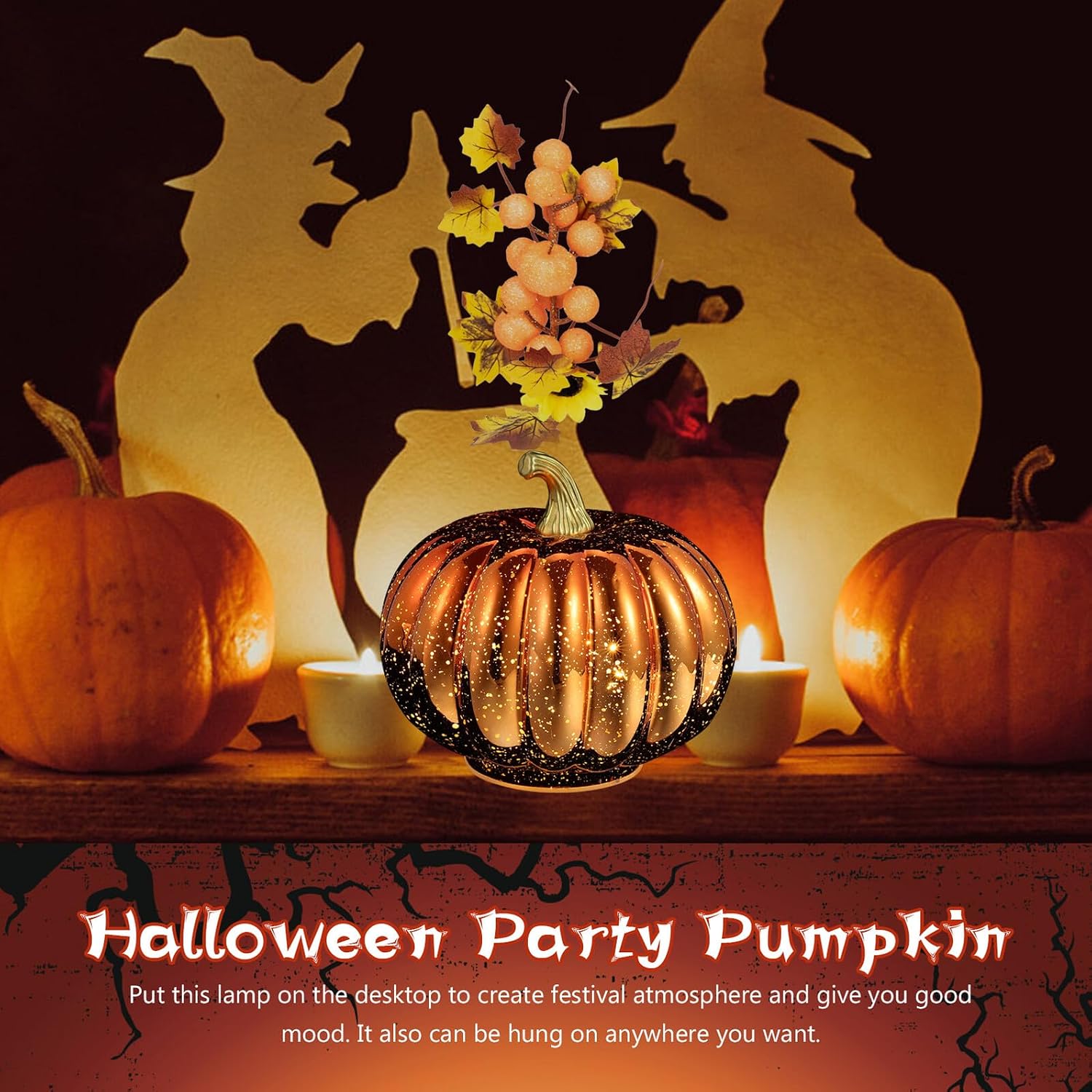 Halloween Glass Pumpkin Light Decor Electroplated Halloween Table Lamp Indoor Pumpkin Figurine