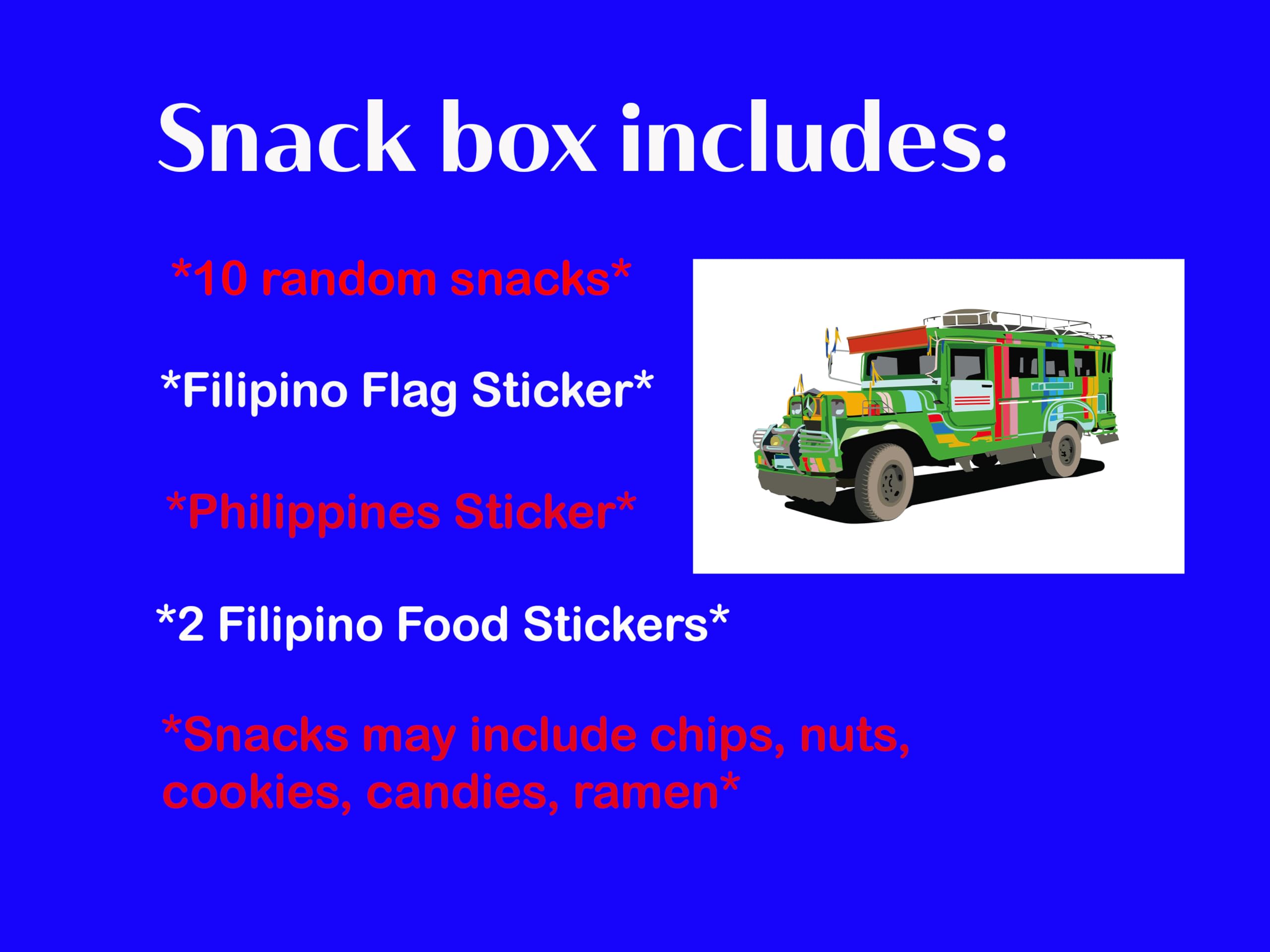 Filipino Snacks Box Variety Pack Assortment of 10 Authentic Food Products like Lucky Me, JackNJill, Skyflakes and more with Philippines Flag and Pride Stickers