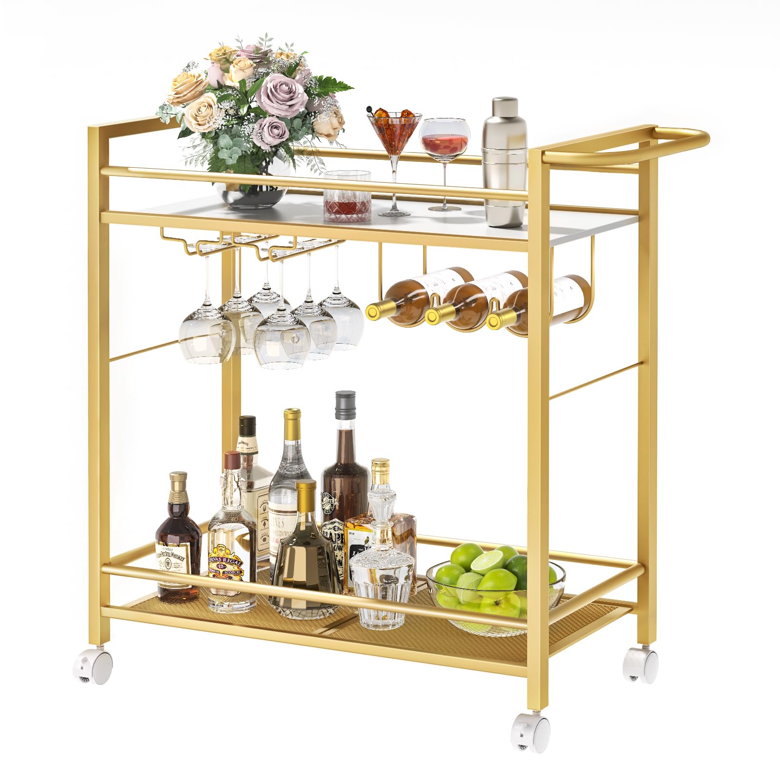Bar Cart,Home Bar Serving Cart with Storage Shelves, 2 Tier Rolling Beverage Cart with Wheels, Modern Flowing Gold Wine Cart with Wine Rack and Glass Holder for Kitchen, Dinning Room,Living Room