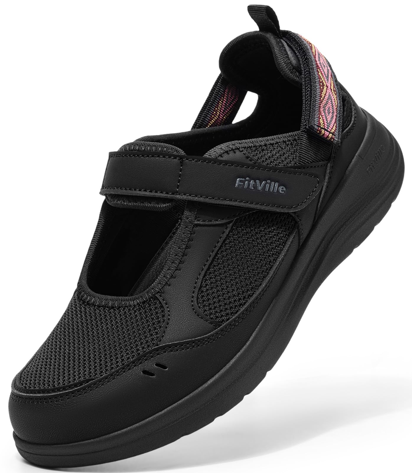FitVille Extra Weite Mary Jane Sandalen Damen Sommerschuhe mit Klettverschluss Pflege Walking Schuhe Senioren Leicht Halbschuhe Senioren Atmungsaktive Freizeit Reise Vorne Geschlossen für Breite Füße