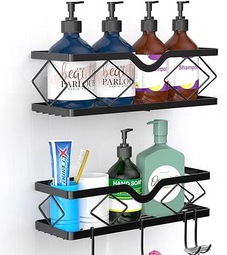 Miniatura 9 de Kadolina Paquete de 2 estantes adhesivos de ducha para baño, organizador de ducha de acero inoxidable, estantes de ducha para ducha interior, sin