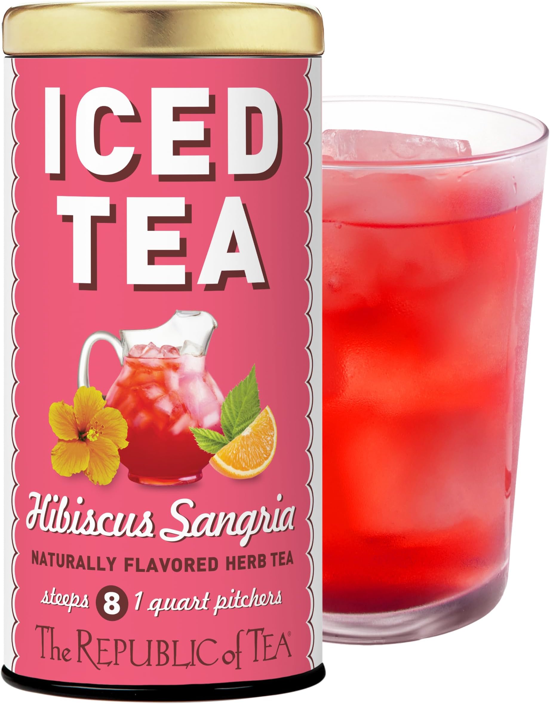 Hibiscus Sangria Iced Herbal Tea, 8 Large Quart-Sized Iced Tea Pouches, Naturally Caffeine Free