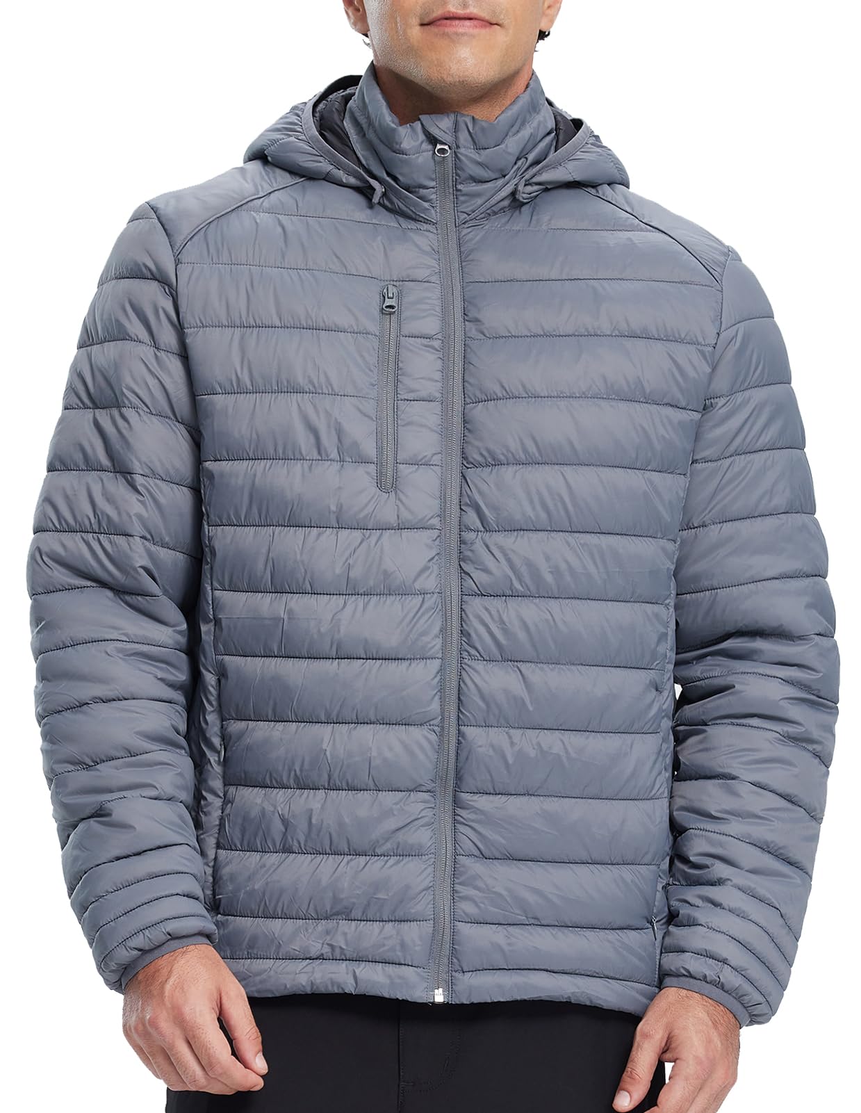 fit space Mens Down Alternative Jacket Quilted Lightweight Packable Padding Coat with Detachable Hood