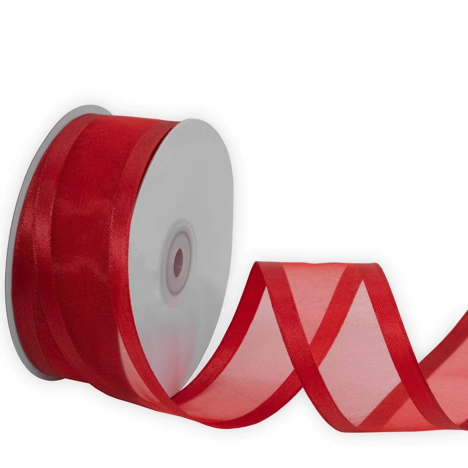 XMRIBBON Satin Edge Sheer Ribbon Wired Edged Ribbon Red Color, 1-1/2 Inch X 25 Yards, for Crafts, Flower Bouquet, Bows, Wedding, Decoration — image 1