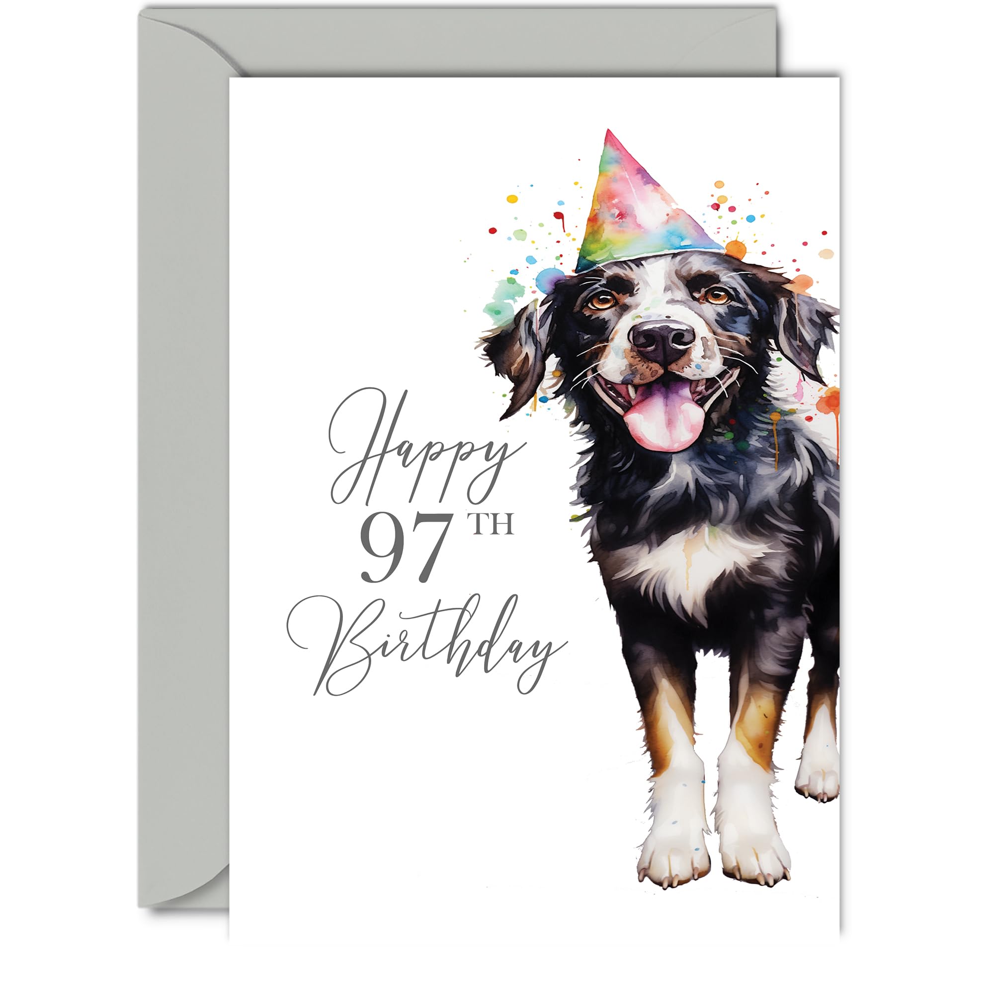 97th Birthday Cards for Women Men - Party Dog - Happy Birthday Card for 97 Year Old Woman Man Great Nan Grandma Grandad Mum Dad Auntie Uncle Cousin, A5 Bday Greeting Cards โ image 1