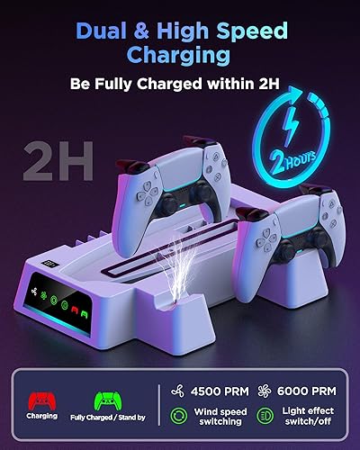 Miniatura 6 de YOGES Soporte y estación de refrigeración para PS5 con sensor de temperatura (fácil de usar), 2H Fast PS5 estación de carga de doble controlador,
