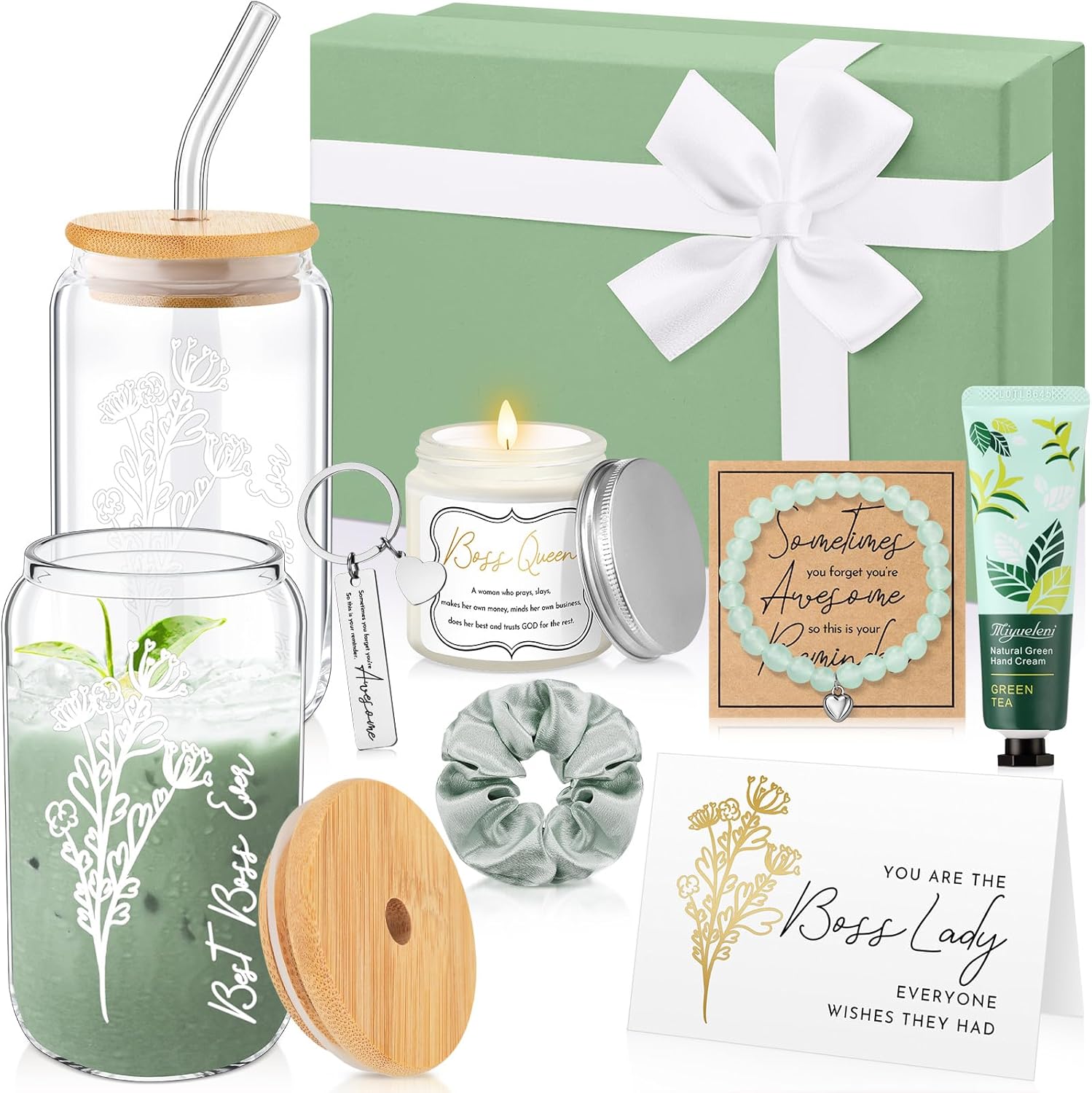 Teenyyou 10 Pcs Boss Lady Gifts Best Boss Appreciation Gift Set for Her with Tumbler Candle Bracelet Hand Cream Keychain Hair Tie Card Box for Office Lady Leader Coworker Women(Green)
