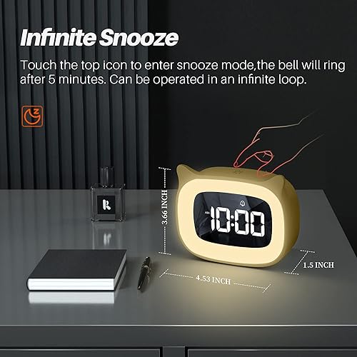 Miniatura 6 de Reloj despertador para niños con luz nocturna y 18 tonos de llamada, recargable, lindo reloj con orejas de gato para regalos de cumpleaños de niños