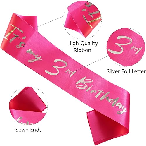 Miniatura 2 de Banda de 3er cumpleaños para niña pequeña, banda de tercer cumpleaños para niñas, banda suave de satén rosa intenso con letra de papel de aluminio