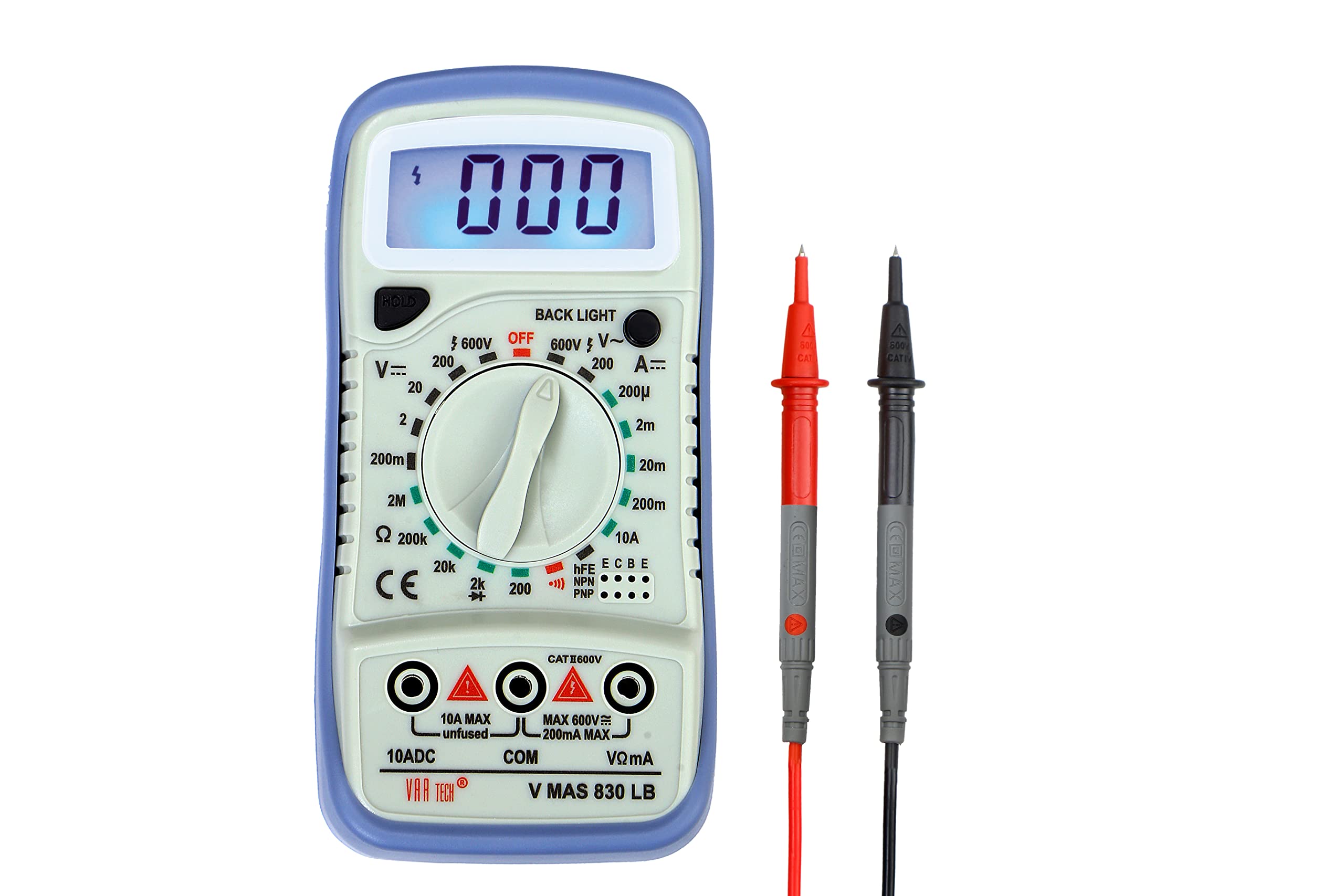 Digital Multimeter V MAS 830 LB, 3½ Digits (2000 Counts), 600 V AC/DC, with Backlight
