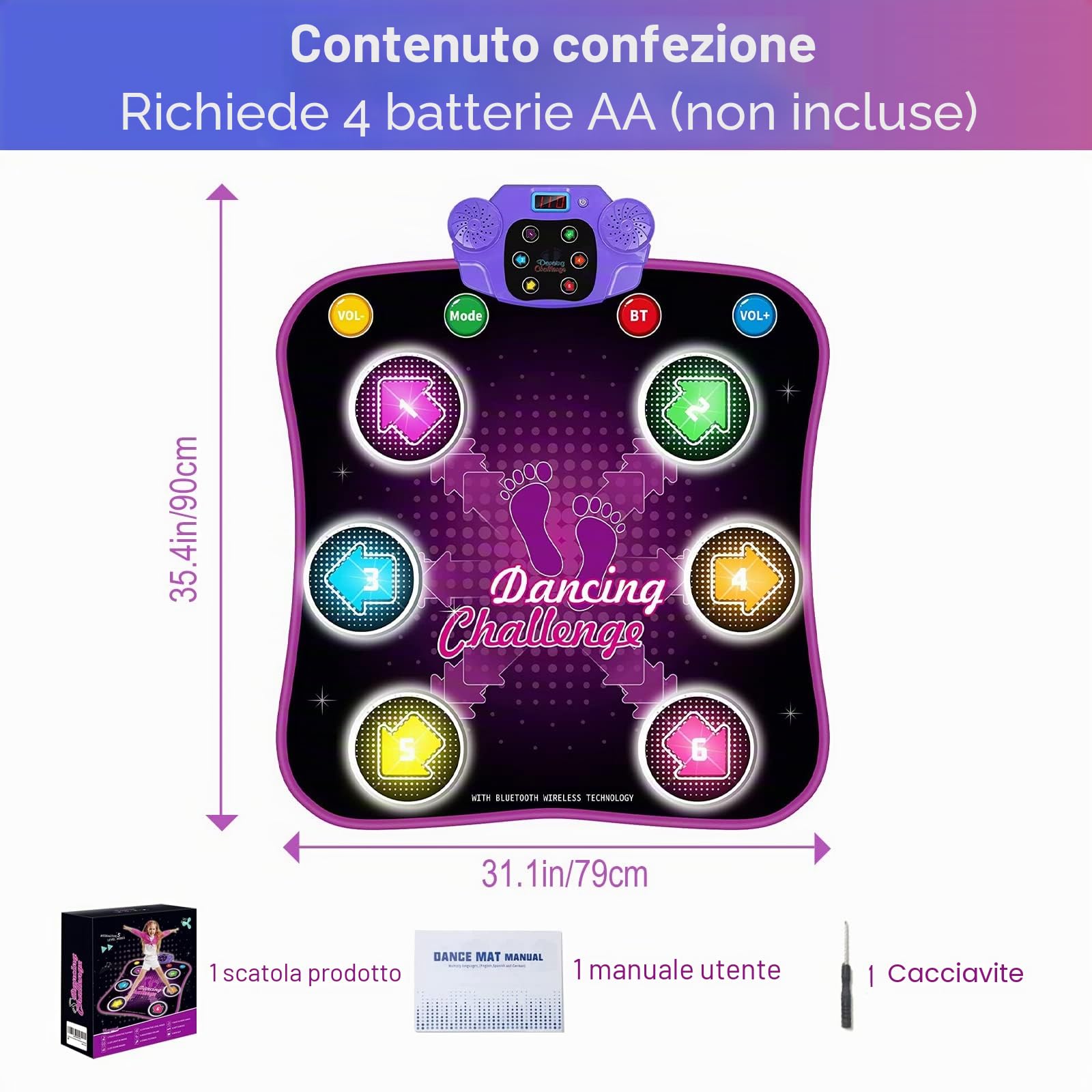Bambini Tappetino da Ballo per 3 4 5 6 7 8+ Anni con Bluetooth, Bambina Tappeto da Ballo con 6 Luz Frecce, Elettronico Musica Dance Mat con Volume Regolabile per Regali di Natale