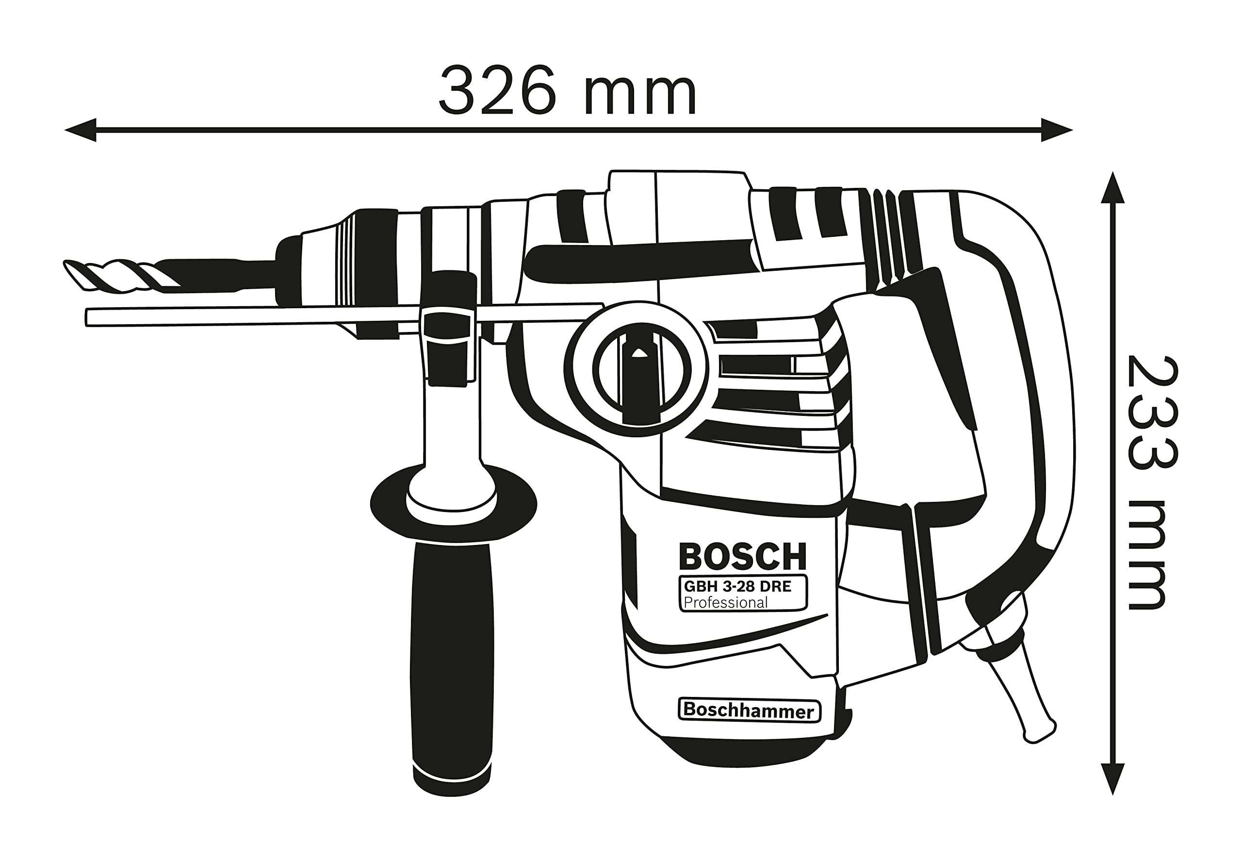 Bosch Professional: młot udarowo-obrotowy GBH 3-28 DRE (rękojeść dodatkowa, ogranicznik głębokości 210 mm, smar w tubie, sukno maszynowe, walizka)