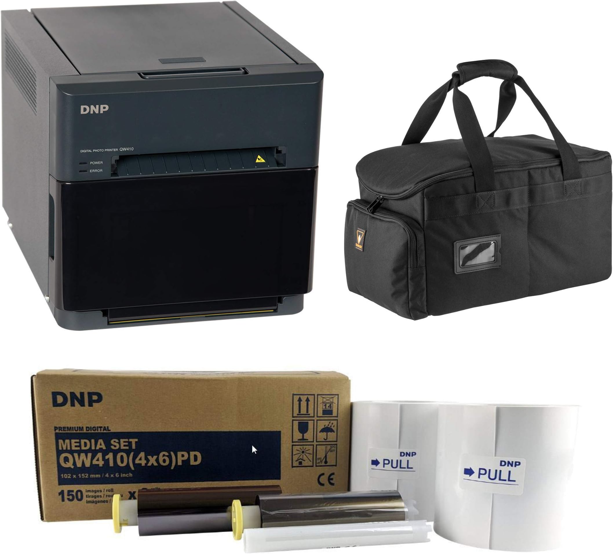 DNP QW410 4.5-inch Dye-Sublimation Professional Event Photo Booth Printer Essential Bundle with 4x6-inch DNP Digital Media, 2 Rolls (300 Total Prints), Slinger Printer Case