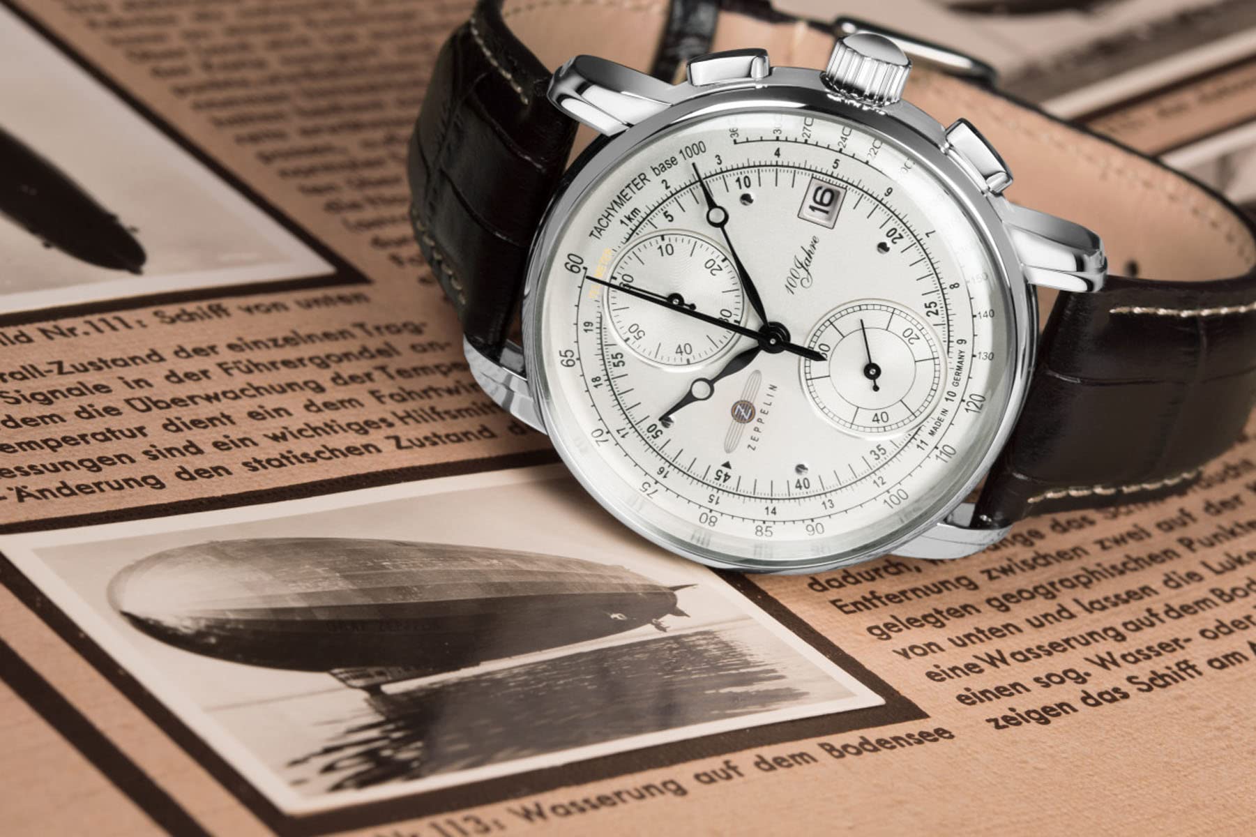 Zeppelin Herrenuhr mit Lederband Serie 100 Jahre ED. 1 Chronograph Datum 8670-1