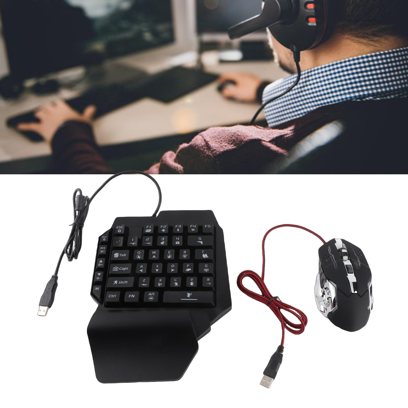 Bewinner Combinazione Tastiera e Mouse da Gioco RGB a una Mano, Tastiera da Gioco a Mezza Mano con Adattatore per, Set Mini e Mouse Retroilluminato a LED Cablato USB per Console di