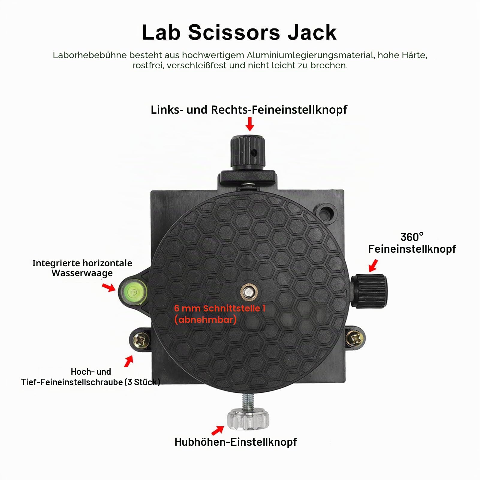 Labor-Hebebühne 6,3 cm (2,56 Zoll), Scherenwagenheber, ausziehbar, um 360 ° drehbar, automatische Nivellierhalterung, Feineinstellung