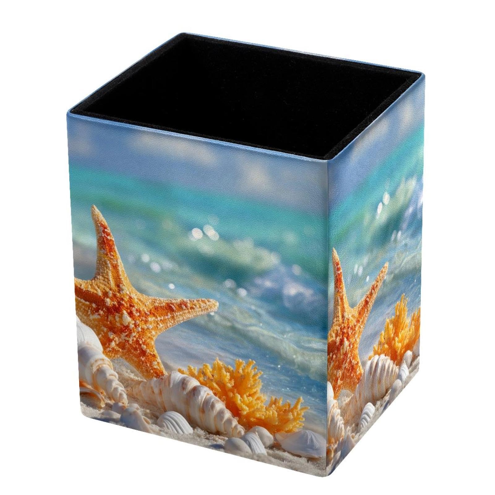 VAPOKF Pencil Holders for Desk, Beach Starfish Printed Pen Holders Pen Pot Makeup Brushes Storage Desktop Stationery Supplies Organiser for Home Office