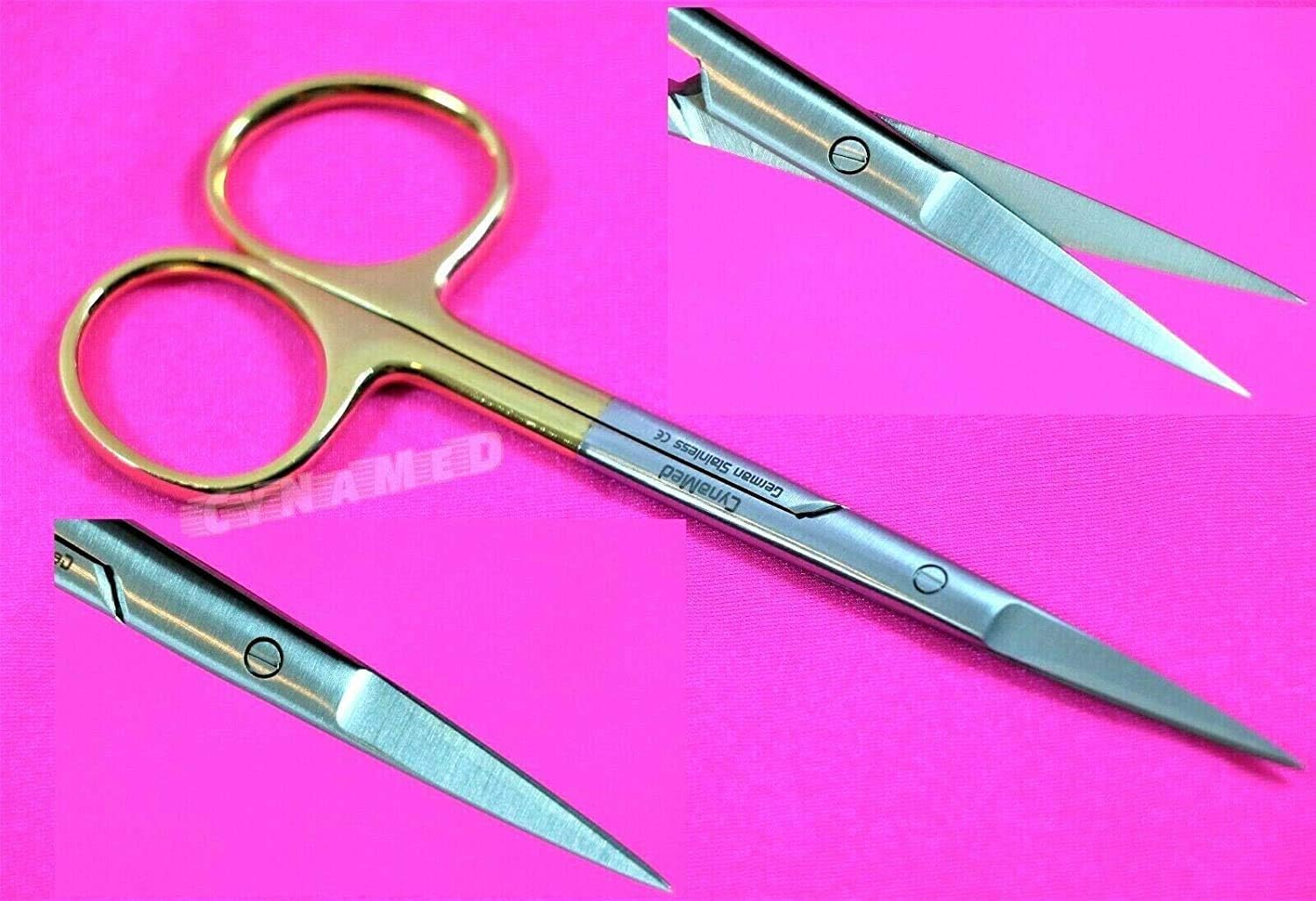 Premium German Iris Supercut Micro Dissecting Scissors Curved 4.5" with Tungsten Carbide Inserts Gold Handle (Straight Blades)
