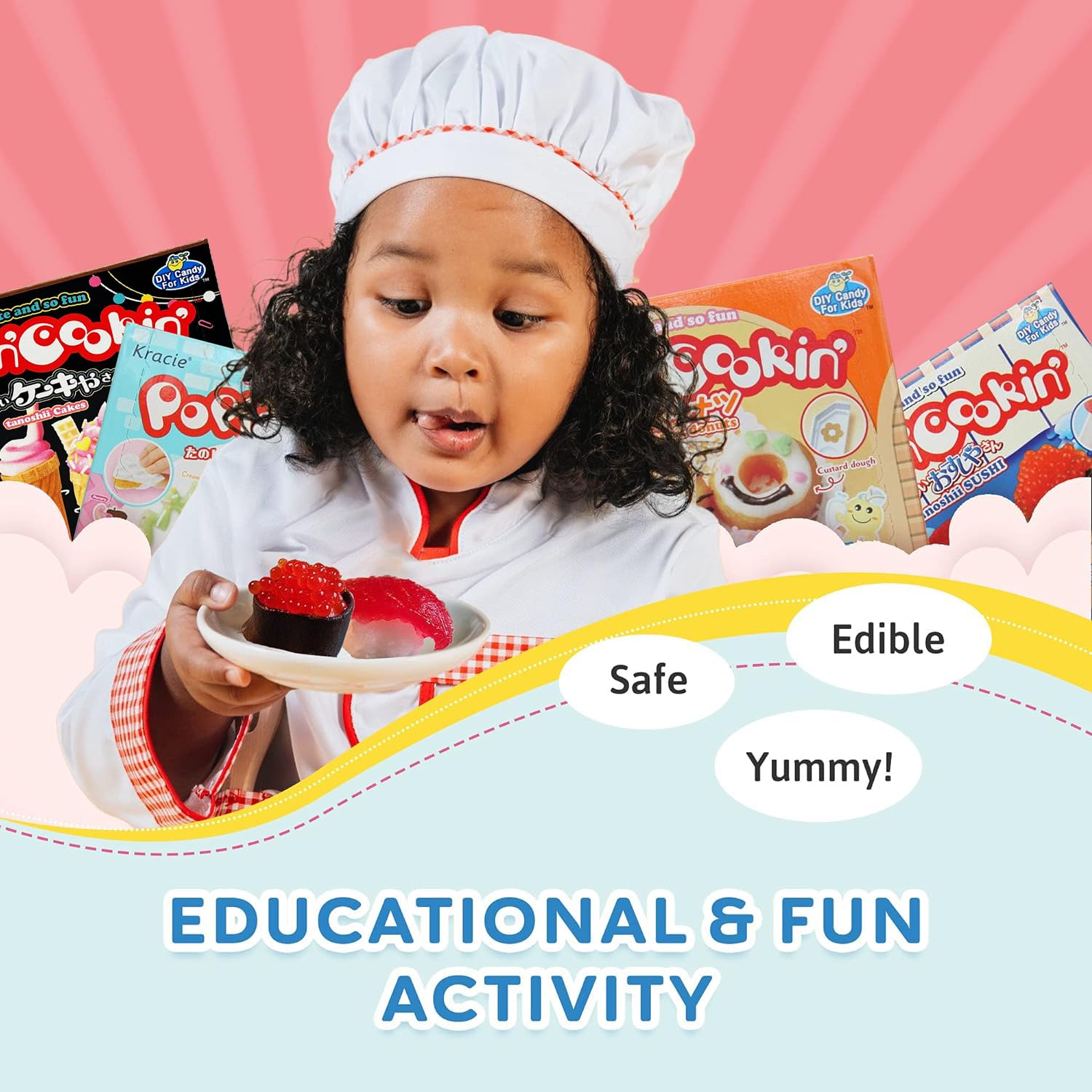 K-Munchies Kracie Popin Cookin Kits - 4 Pack Assorted Japanese Candy Making Kit Bundle - Gummi Sushi, Waffle, Cake Donut DIY Candy Kit - Easy to Follow Edible Experiments for Kids - Made in Japan