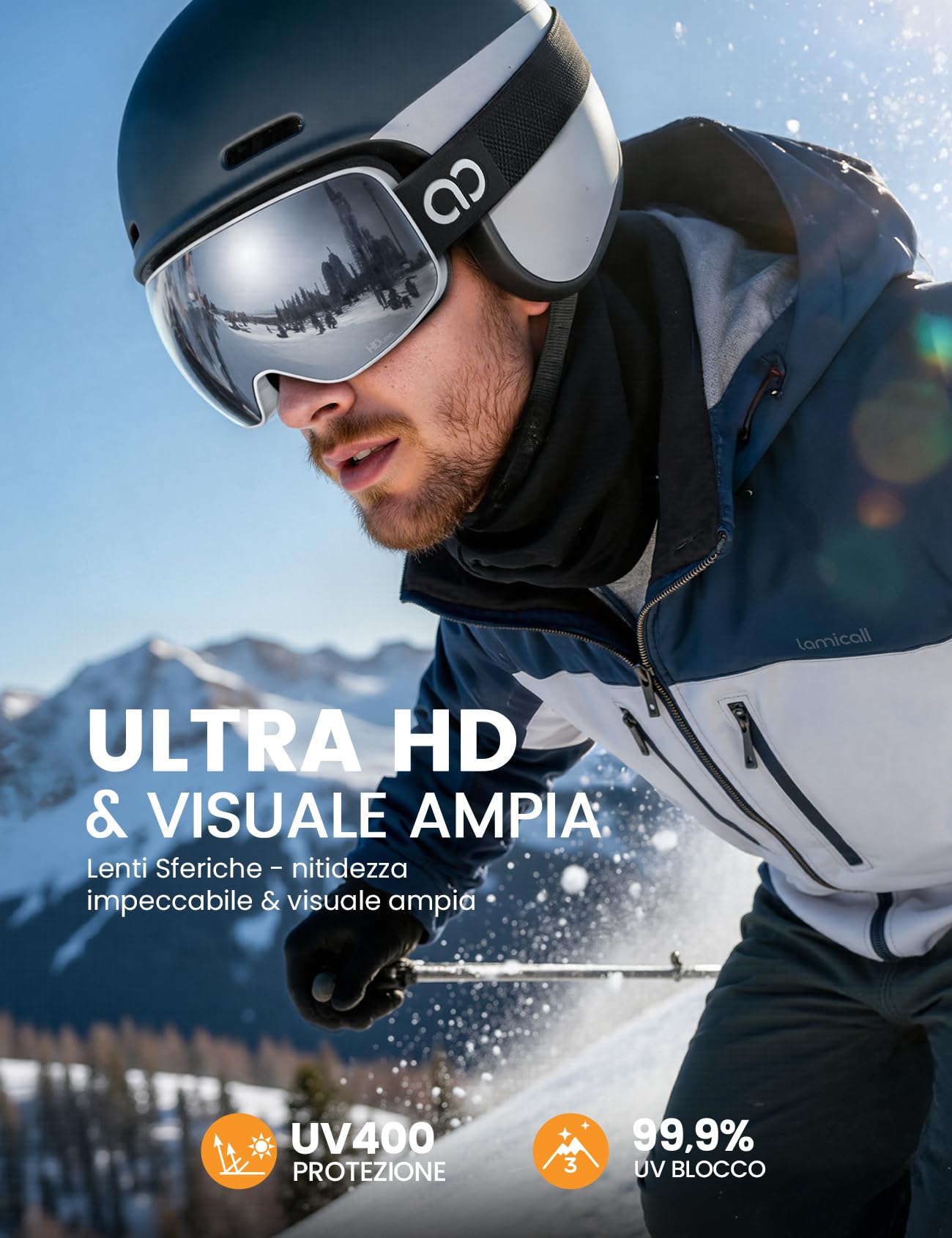 Lamicall Maschera da Sci Uomo, Occhiali da Sci OTG - [Ultra HD Lenti Sferiche & Anti Nebbia Brevettato] Occhiali Snowboard, UV400 Protezione, Maschera Snowboard Donna Visione Più Ampia
