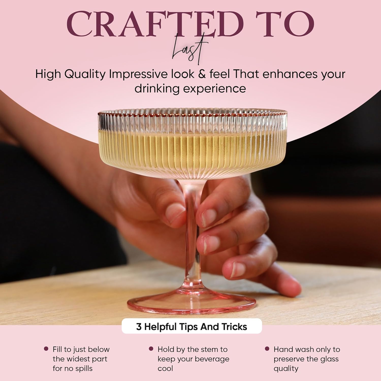 Pink Coupe Glasses Set of 4 Glasses with Rose Gold Rim (8 Oz) Art Deco Coupe Glasses, Ribbed Martini Cocktail Glasses Gift Box, Vintage Champagne Glasses, Espresso Martini Glasses - Image 5