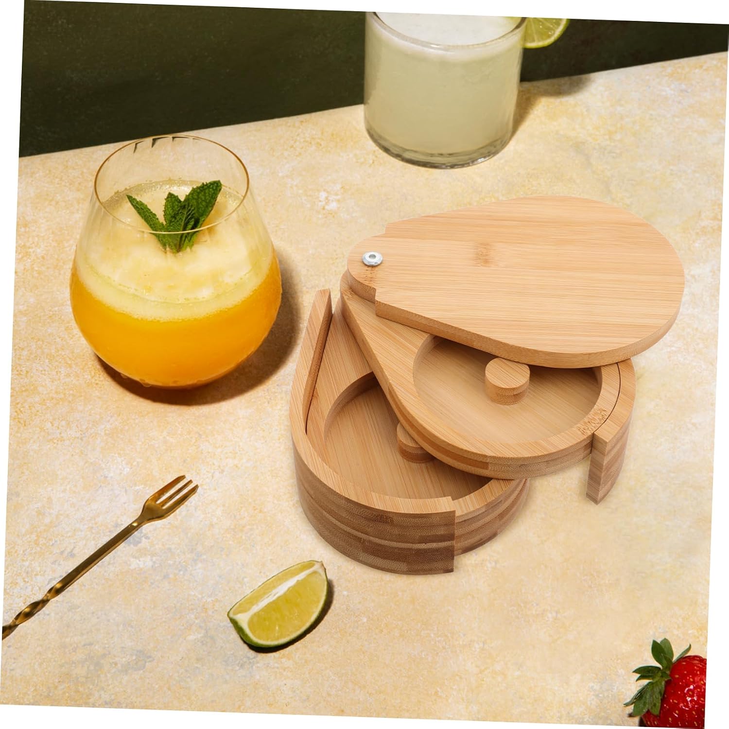 OUNONA Wooden Salt Dip Sugar Side Box Spice Organizer Seasoning Dispenser Spice Jars Rotating Container for Kitchen