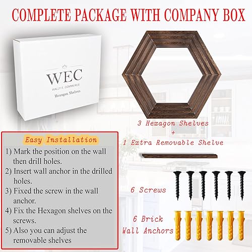 Miniatura 6 de WEC - Estantes hexagonales  Juego de 3 estantes de pared de panal con estante extra extraíble  Estantes flotantes de madera  Estantes geométricos