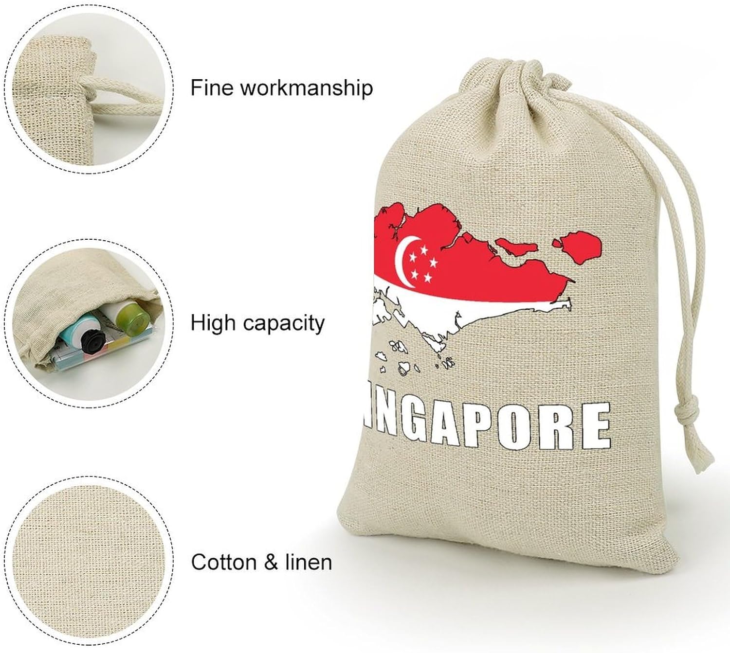 Singapore Map Flag Singaporeans Drawstring Bags Cotton Linen Pack of 8 | Reusable Storage Gift Pouch Party Home Supplies
