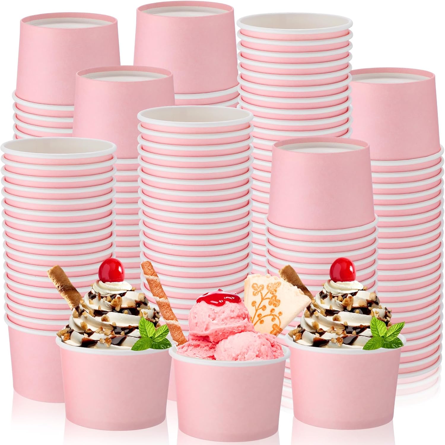 Honeydak 200 Pack Pink Pastel Ice Cream Cups Bulk 5 oz Small Disposable Treat Paper Cups Dessert Yogurt Bowls Snacks Sundae Yogurt Container for Summer Ice Cream Wedding Birthday Party Supplies