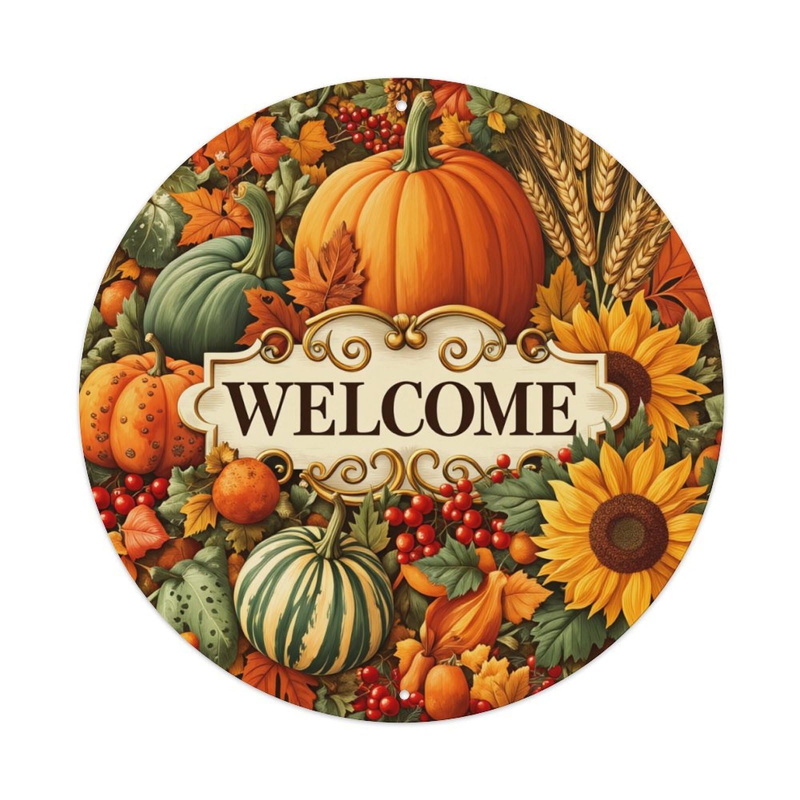Autumn Harvest Welcome Sign Pattern_1 Round Tin Sign Vintage Metal Poster, Home Bar Garage Man Cave Cafe Indoor & Outdoor Wall Decoration 8x8Inches