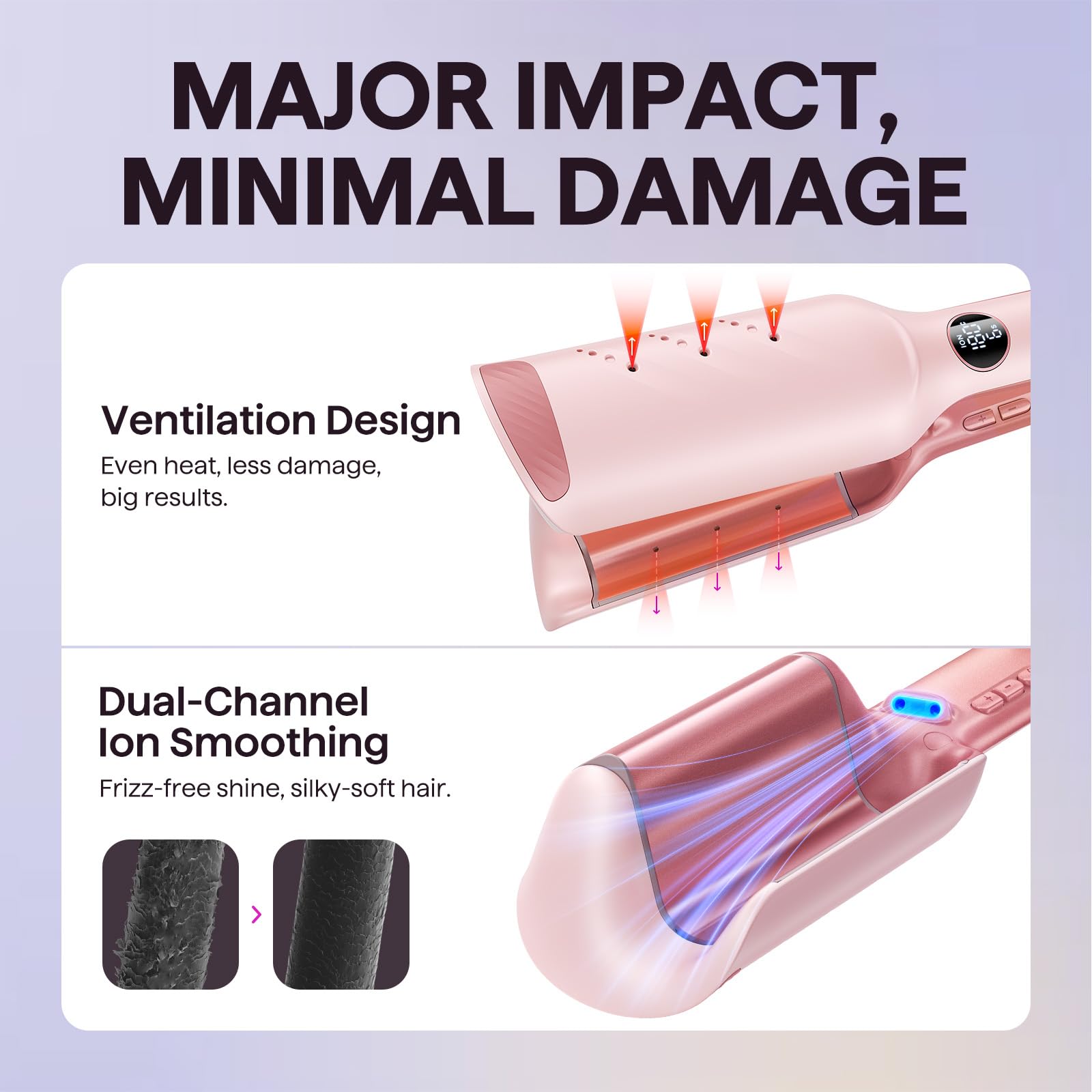 Wavytalk Power Wave Planchas del Pelo, Rizador Pelo Ondas para Ondas Grandes, Con Protección Iónica y Ventilación para Menos Daños por Calor, Rizador Pelo Fácil de Usar, Doble Voltaje, Rosa