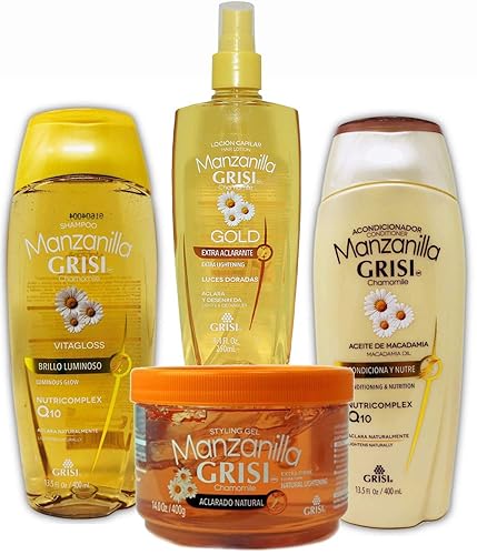 Manzanilla Grisi Premium - Paquete de baño Gel de peinado aligerador dorado y desenredante y un acondicionador de manzanilla champú