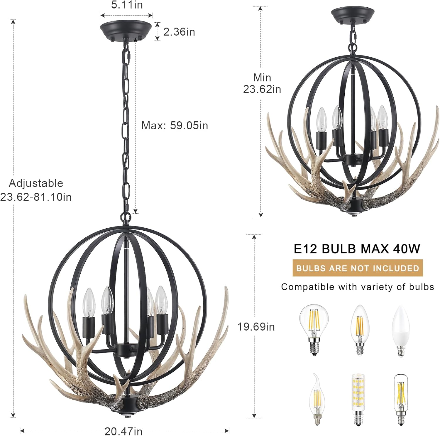 Antler Chandelier 4-Light Farmhouse Rustic Chandelier for Dining Room Light Fixture with 4 Resin Deer and Metal Globe Chandeliers Vintage Pendant Lights for Kitchen Island Foyer Entryway Living Room