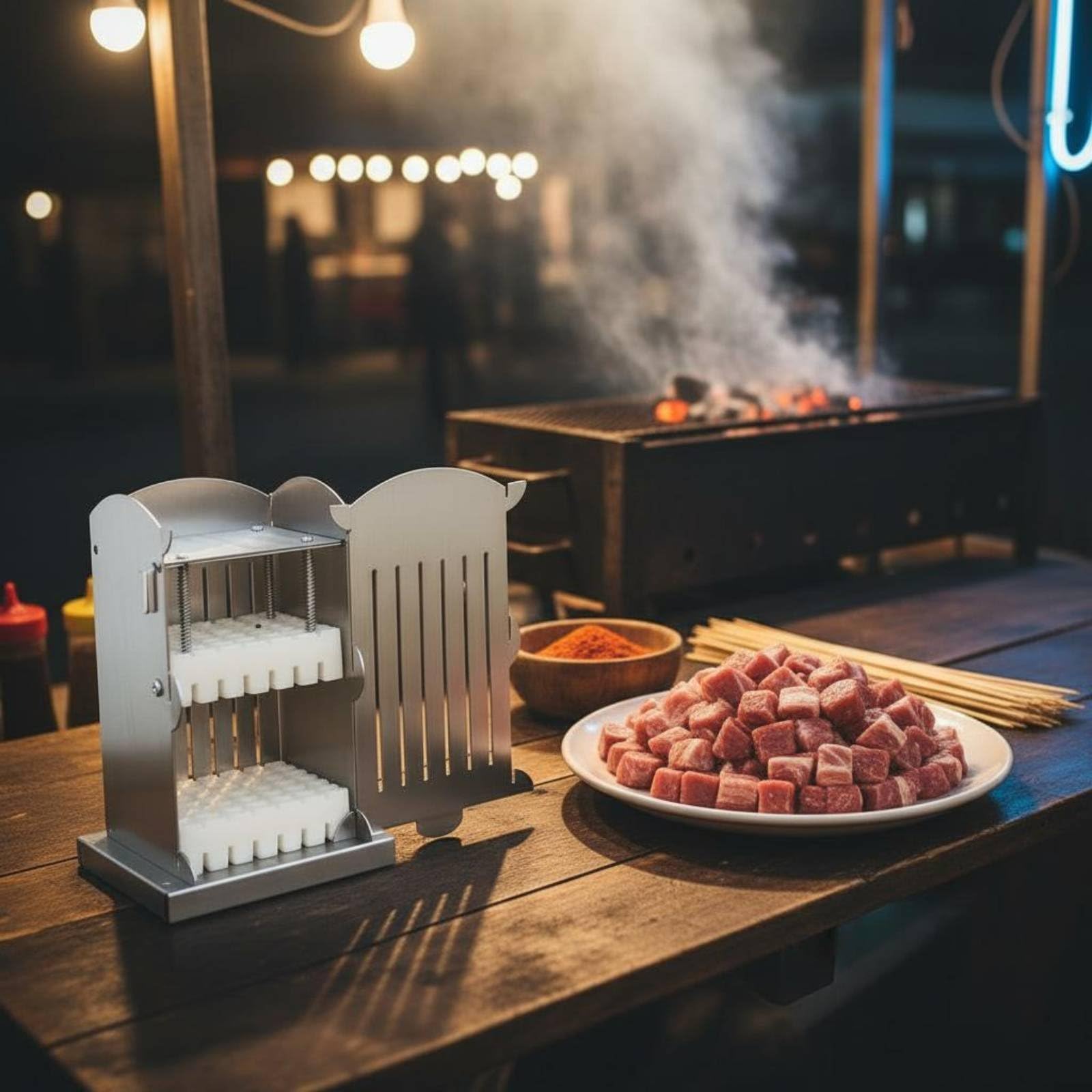 Spiedini Creatore Utensile Spiedini Barbecue Macchina Kebab Acciaio Inox Ergonomico Struttura Compatta Facile da Lavare Adatto per Feste All’aperto Famiglia, 49 Spiedini 1,5CM