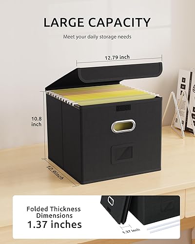 Miniatura 2 de Oterri Paquete de 2 cajas organizadoras de archivos, caja de archivos, archivador pequeño para carpetas de cartas, caja de archivo portátil negra,