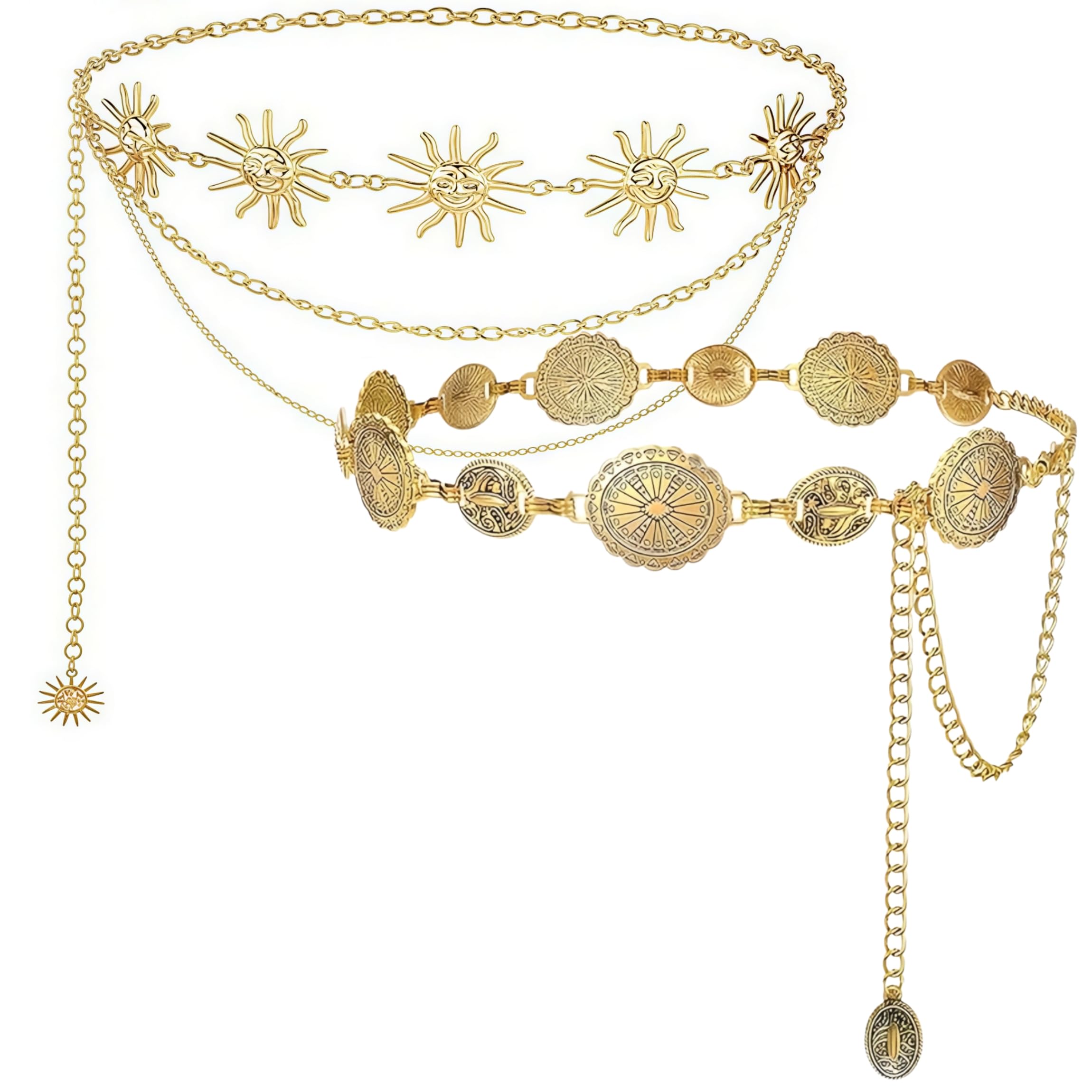 Gold Metal Waist Chain for Women (2Pcs) Concho Hip Belt Jewellery for Saree/Lehenga/Ethnic Wear Adjustable Boho Cowgirl Belt for Dresses, Jeans, Skirts Wedding, Festive & Beach Accessories-image-14