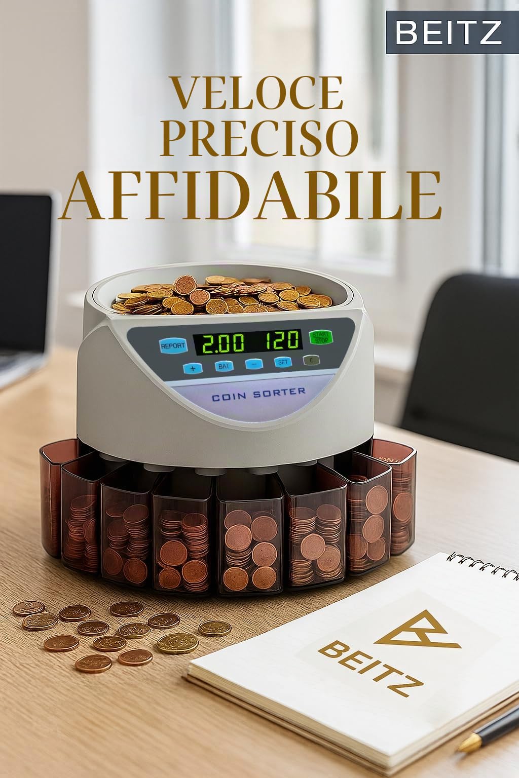 BEITZ BS-9001 - Contatore automatico e classificatore di monete per euro, contatore di monete per monete, conta e organizza monete in base al valore, automatico, contatore di monete con 8 scomparti
